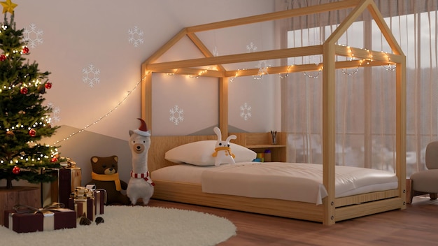 Cute kid's bedroom in Christmas theme with tree house bed cute toys Christmas tree