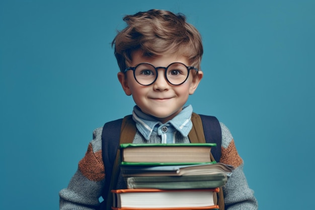 Cute kid wearing glasses holding books ready to back to school on blue background