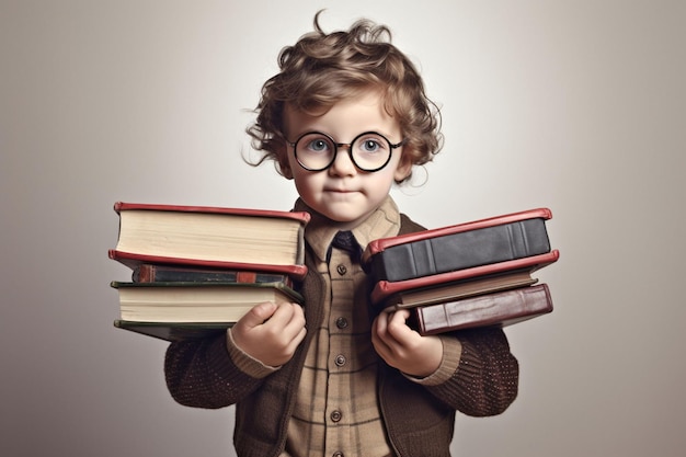 Милый мальчик в очках с книгами, готовым вернуться в школу на белом фоне.