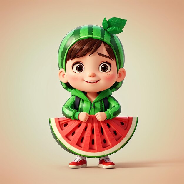 Photo cute kid wearing watermelon costume cartoon vector icon illustration people food icon isolated flat