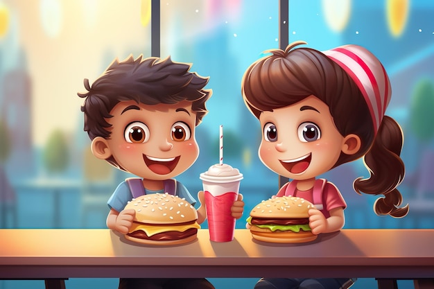 cute kids eating burger outdoor illustration generative ai