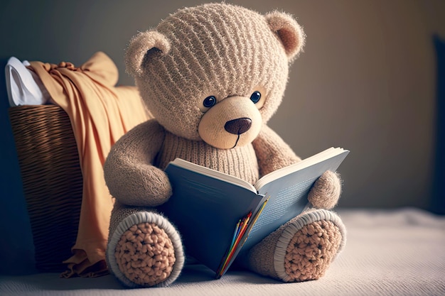 Photo cute kids knitted toys teddy bear reading book