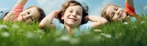 cute kids lying on the park lawn