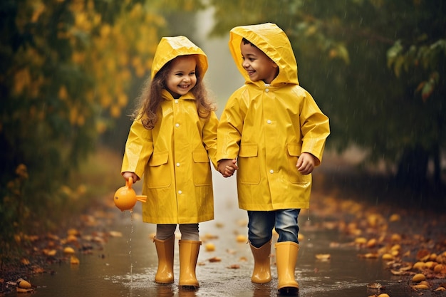 雨の日可愛い子供たちが遊んでいます