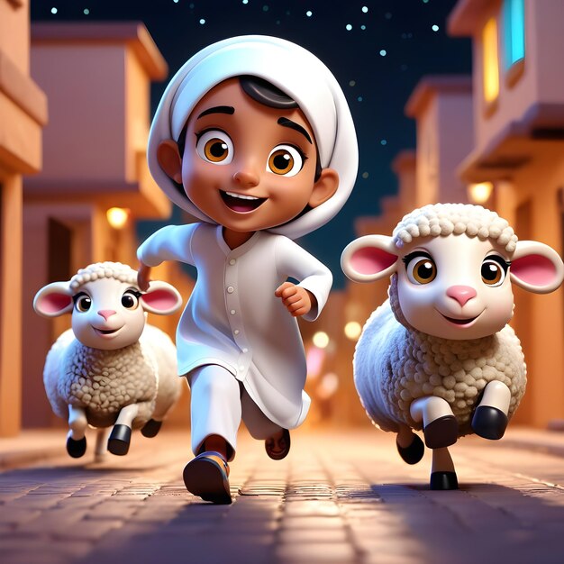 cute kids playing with the cute Eid sheep