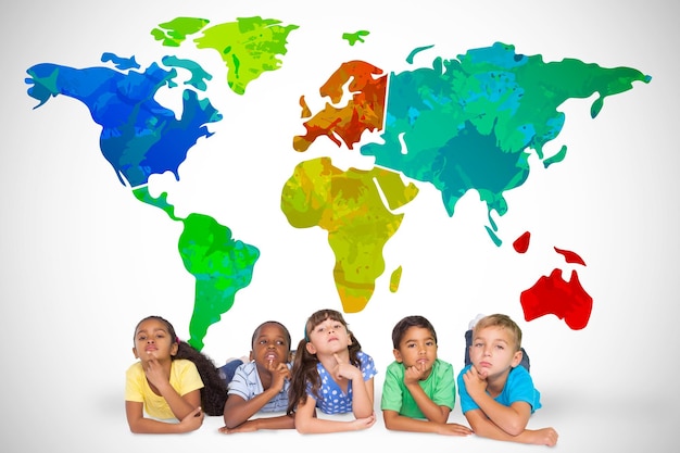cute kids thinking against white background with world map