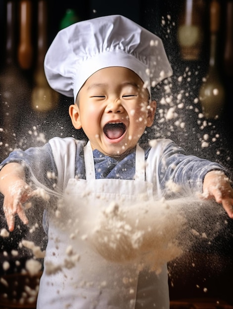 Photo cute kids wearing a chef's hat and apron in kitchen