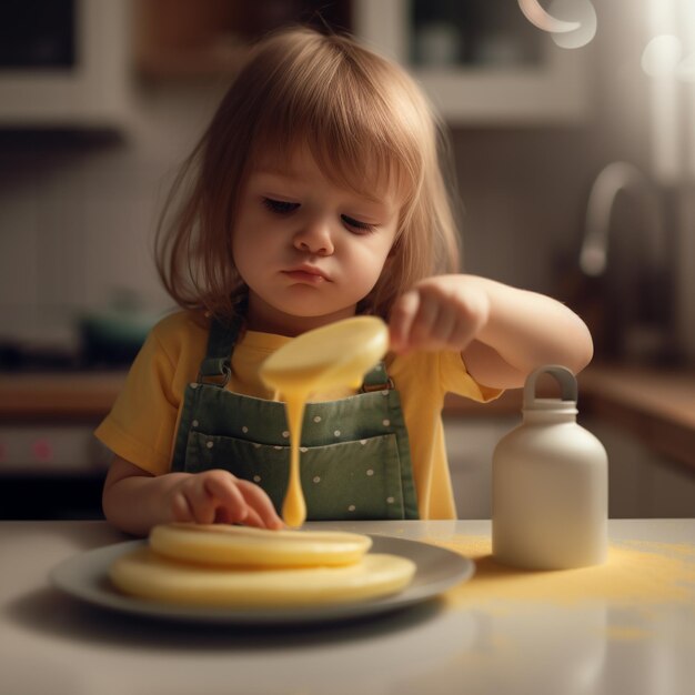 Foto bambini carini che indossano un cappello da chef e un grembiule in cucina