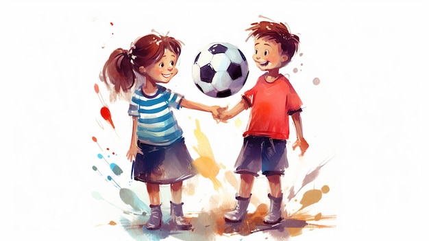 Cute kids with football ball on white background Generative ai