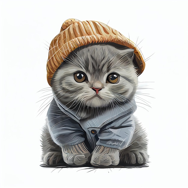 스웨터 모자 분리 배경을 입고 아기 영국 쇼트헤어에 귀여운 새끼 고양이