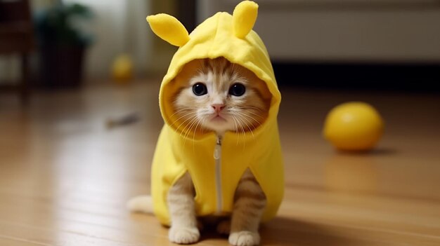 バナナの衣装を着た可愛い子猫 バナナスタイルの子猫 可愛いフルーツの猫