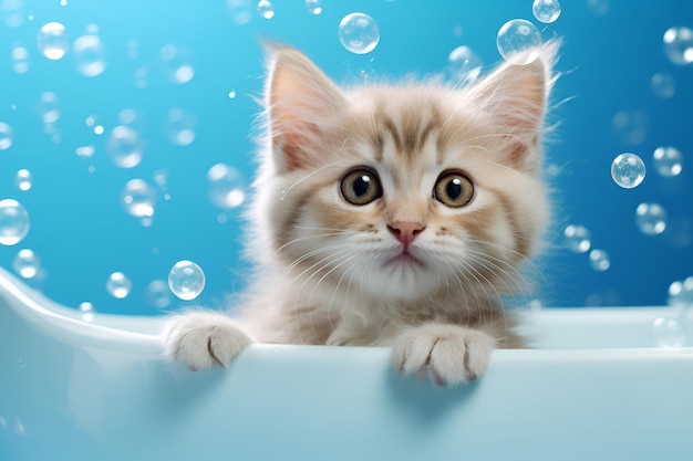 Photo cute kitten in the bath on a blue background with soap bubbles 1