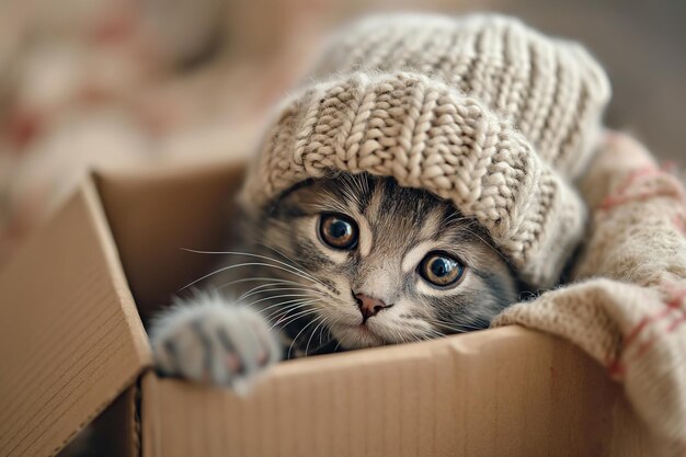 베이지 모자를 입은 귀여운 새끼 고양이가 상자 밖을 쳐다본다
