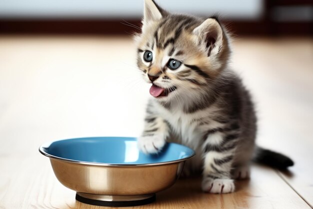그릇 옆에 있는 귀여운 새끼 고양이