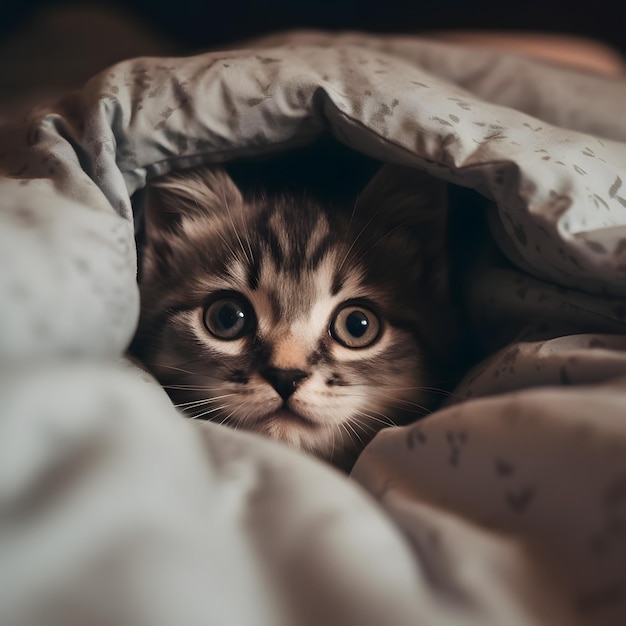 Cute kitten cat hidden under the blanket AI generated