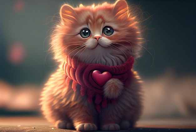 Cute kitten cat holding valentines day heart Generative AI