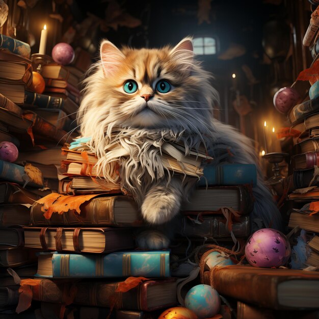 cute kitten cat inside old library illustration