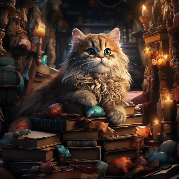 cute kitten cat inside old library illustration