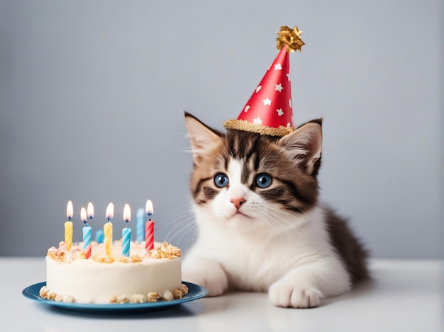 Cute kitten cat wearing birthday hat white background