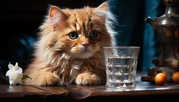 인공 지능이 생성한 테이블에 앉아 카메라를 바라보며 우유를 마시는 귀여운 새끼 고양이