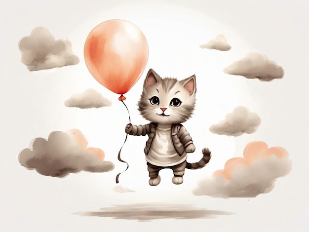 Cute kitten flying in the sky with a balloon Hand drawn illustration