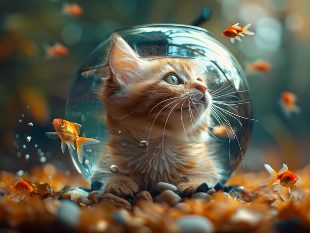 Cute kitten and goldfish in the fishbowl