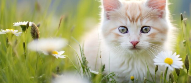 Милый котенок на зеленой лужайке с цветами