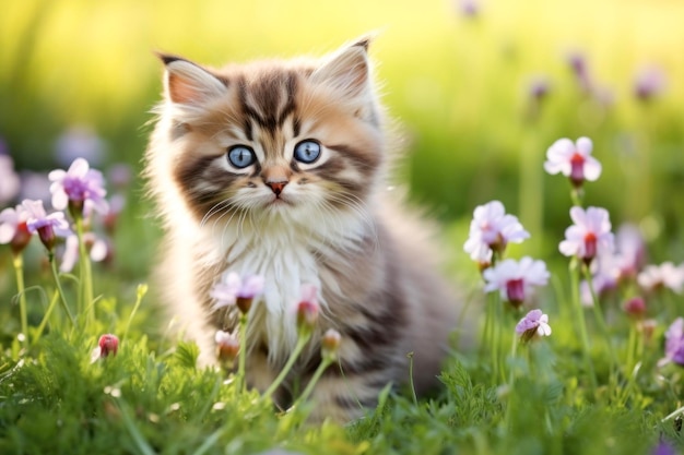 Cute kitten on green lawn with flowers