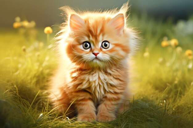 Cute kitten on green lawn with flowers