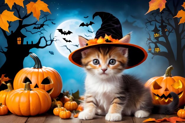 Cute kitten in halloween costume with pumpkins and bats on autumn background