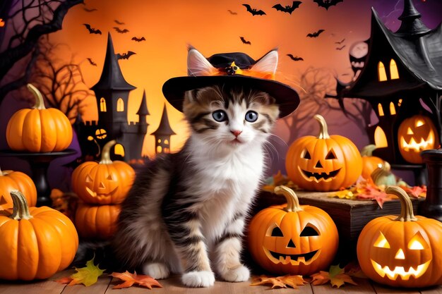 Cute kitten in halloween costume with pumpkins and bats on autumn background