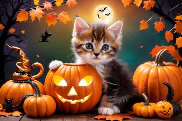 Cute kitten in halloween costume with pumpkins and bats on autumn background