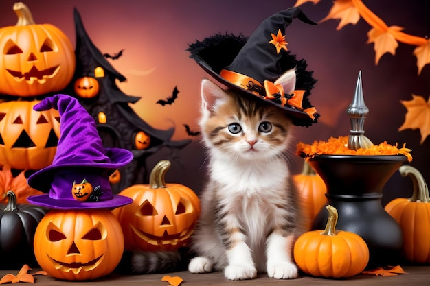 Cute kitten in Halloween costume with pumpkins and bats on autumn background