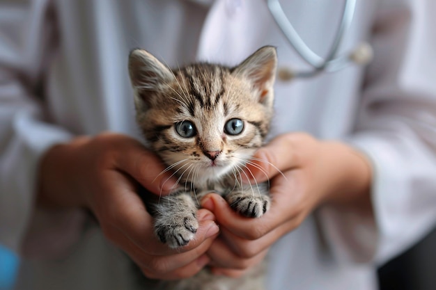 cute kitten in the hands of veterinarian