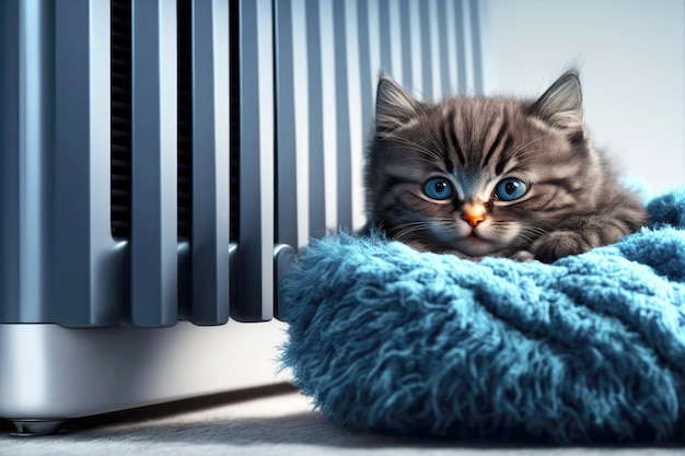 The cute kitten on heating radiator lies on warm bedding