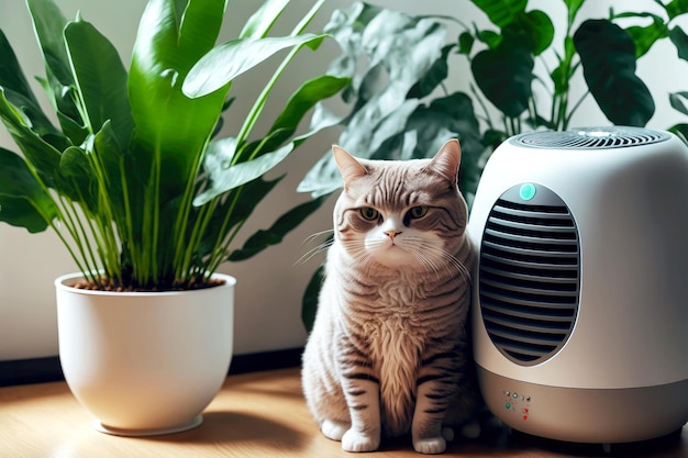 Cute kitten on heating radiator sits next to green plant in pot