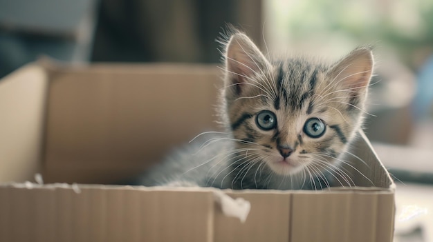 Cute kitten inside a cardboard box