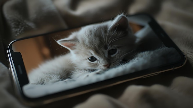 Foto un gattino carino è sdraiato su una morbida coperta il gattino sta guardando la telecamera con i suoi grandi occhi rotondi il suo pelo è morbido e soffice