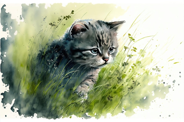 Cute kitten is playing in grass Watercolor painting of cute cat pet animals