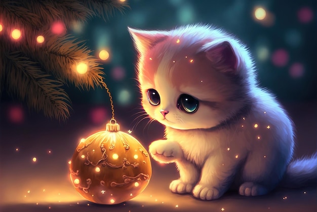 Photo a cute kitten is playing with a christmas ornament