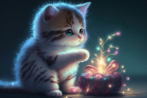  A cute kitten is playing with a Christmas ornament 