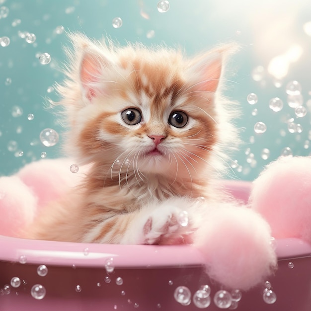 cute kitten is playing with soap bubbles