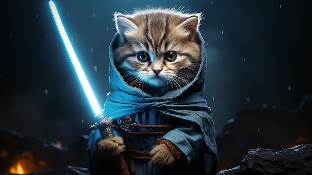 Photo cute kitten jedi master in battle