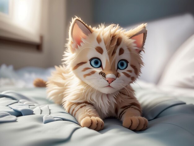 Cute kitten lies on bed enjoying rest