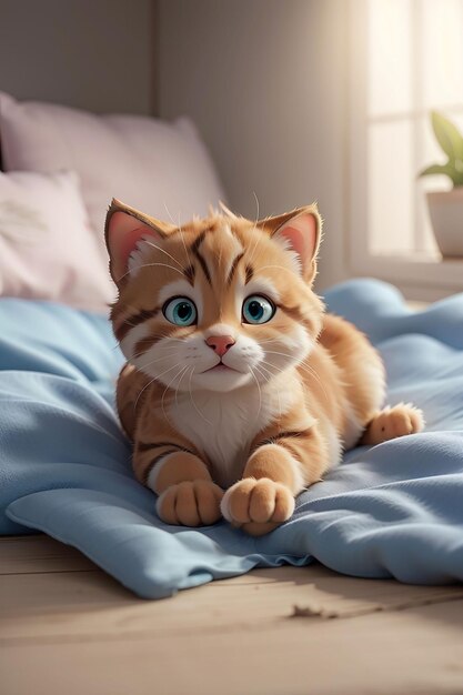 Cute kitten lies on bed enjoying rest