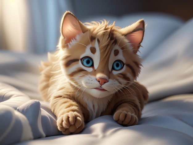 Cute kitten lies on bed enjoying rest