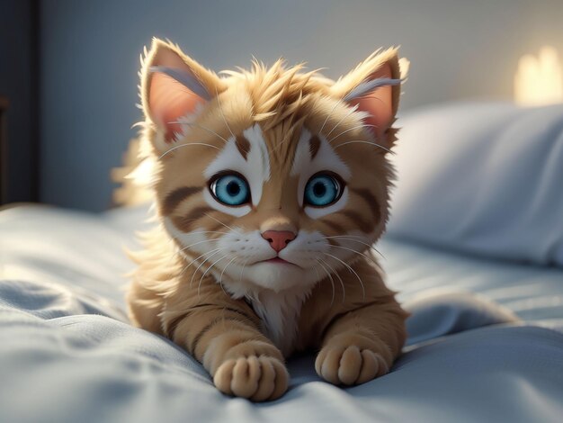 Cute kitten lies on bed enjoying rest