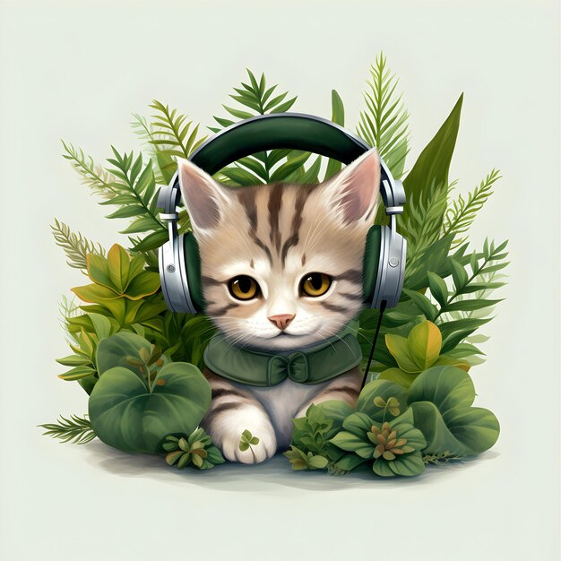 Милый котенок слушает музыку с наушниками в джунглях