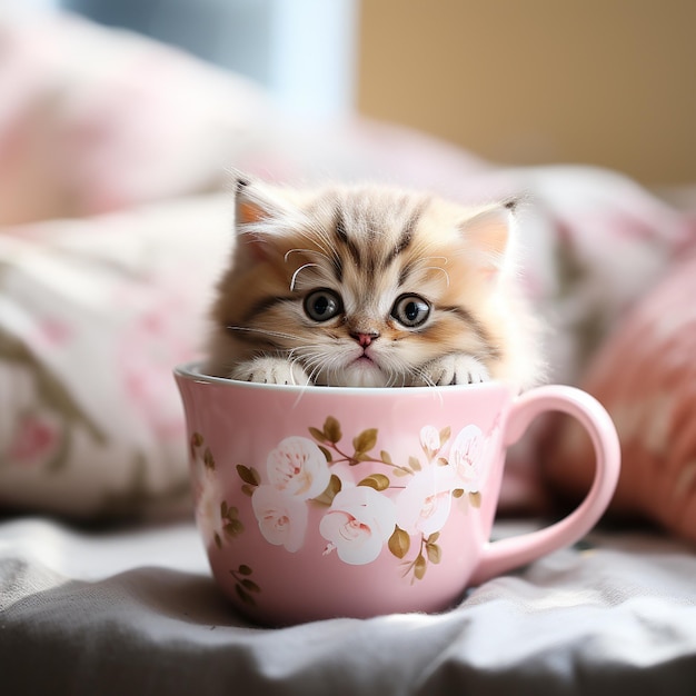 작은 컵에 귀여운 새끼 고양이
