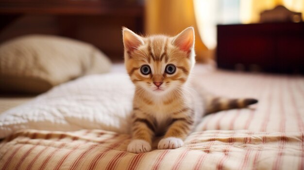 屋内に座って遊び心でカメラを見ているかわいい子猫